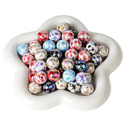 100Pcs 16mm acrylic UV plated color Christmas snowflake printing beads DIY round bead bead pen car hanging mobile phone chain accessories