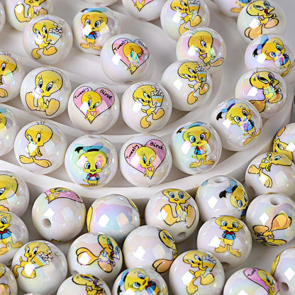 100Pcs 16mm acrylic solid color printing cartoon small yellow bird straight hole round beads, sub handmade DIY mobile phone rope jewelry accessories