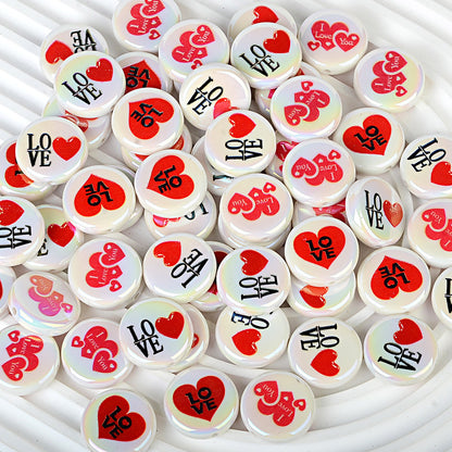 100Pcs acrylic plated Valentine's Day love love printing straight hole round cake beads DIY bead pen jewelry accessories material