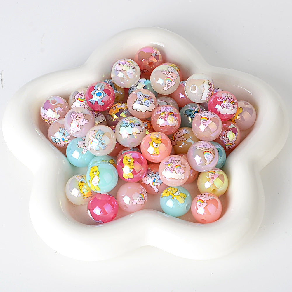 100Pcs Cross-border 16mm acrylic rainbow bear cartoon pattern printed beads round beads DIY bead pen jewelry accessories