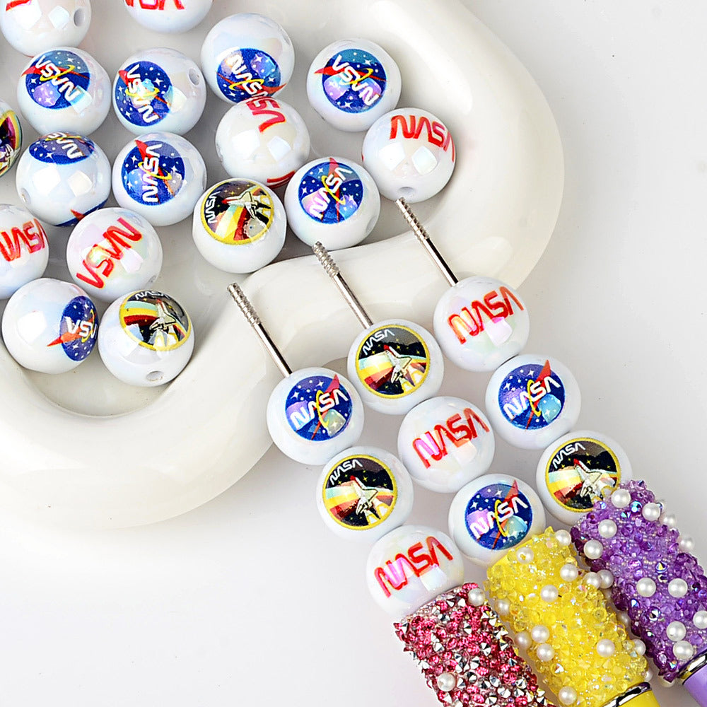 100Pcs cross-border hot NASA pattern printing round beads acrylic through-hole loose beads handmade beaded bracelet accessories wholesale