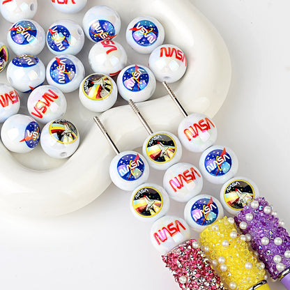 100Pcs cross-border hot NASA pattern printing round beads acrylic through-hole loose beads handmade beaded bracelet accessories wholesale