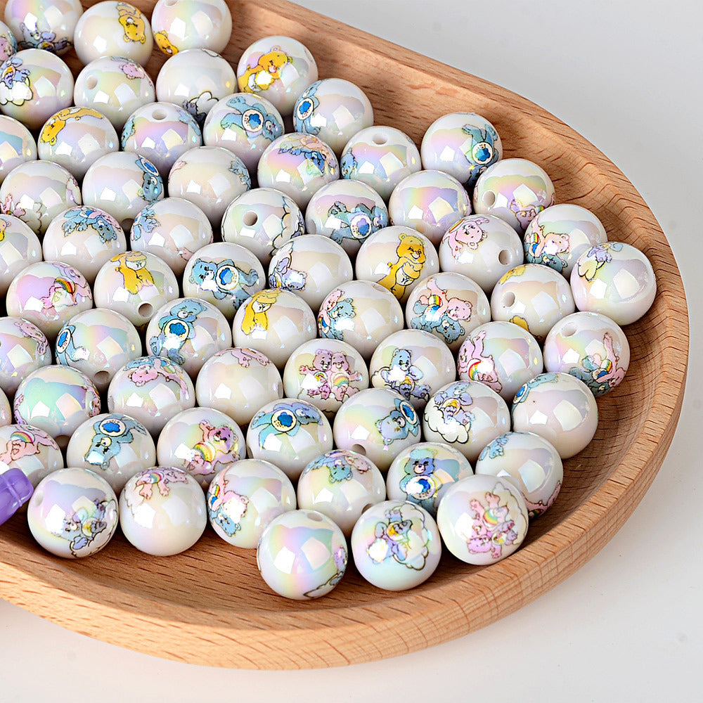 100Pcs Cross-border 16mm acrylic rainbow bear cartoon pattern printed beads round beads DIY bead pen jewelry accessories