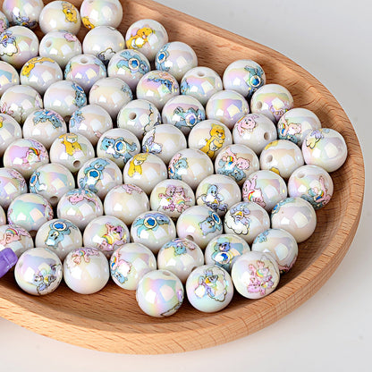 100Pcs Cross-border 16mm acrylic rainbow bear cartoon pattern printed beads round beads DIY bead pen jewelry accessories
