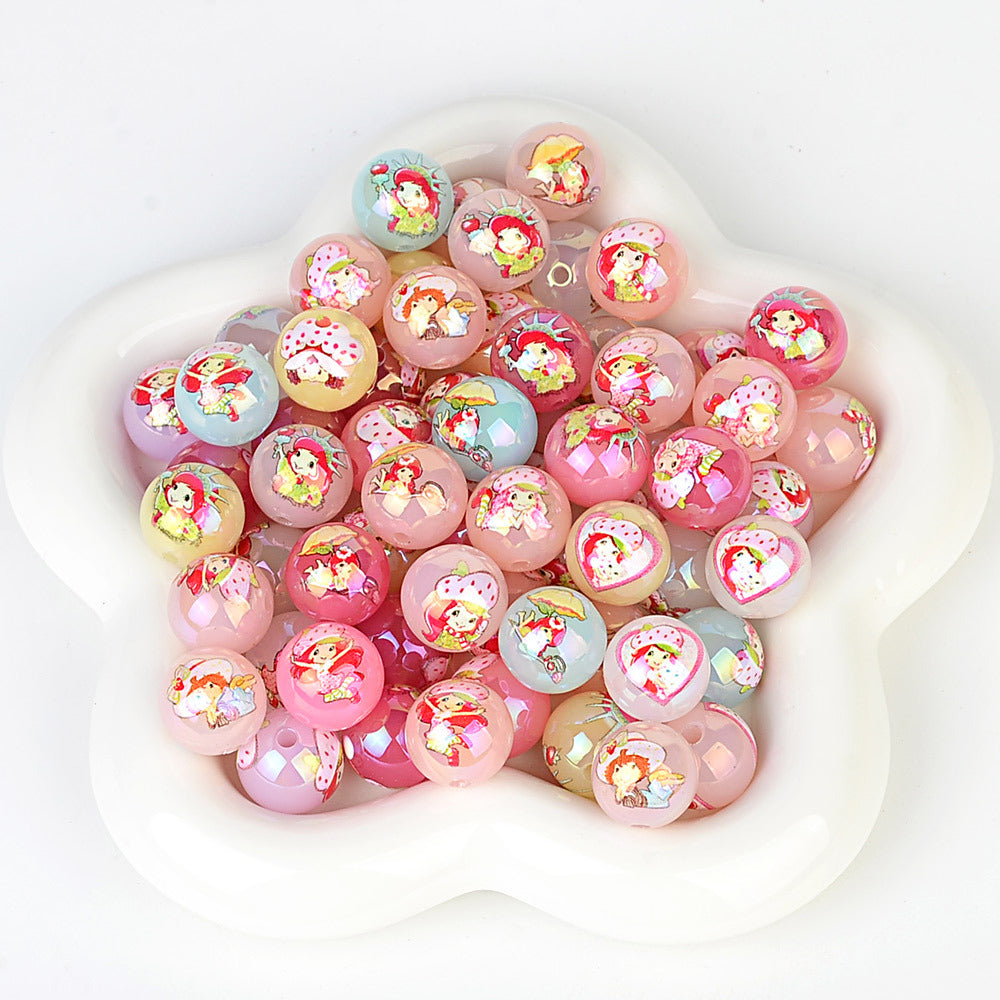 100Pcs UV strawberry girl printed beads DIY bead pen mobile phone chain keychain car hanging, etc. With DIY bracelet loose beads