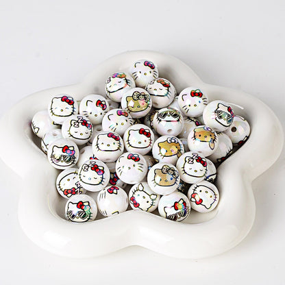 100Pcs printed Sanrio Hello Kitty hallo KT straight hole round beads DIY jewelry loose beads mobile phone chain bead pen accessories