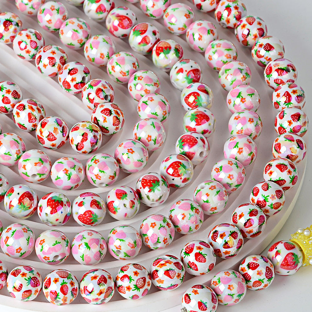 100Pcs 16mm acrylic beaded printed strawberry round beads DIY mobile phone rope keychain accessories jewelry material wholesale