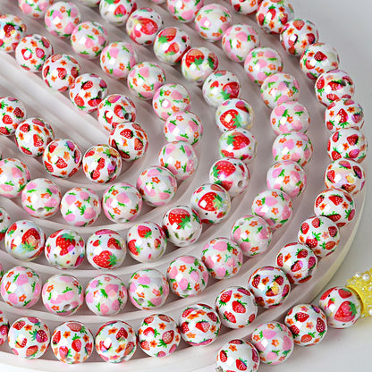 100Pcs 16mm acrylic beaded printed strawberry round beads DIY mobile phone rope keychain accessories jewelry material wholesale