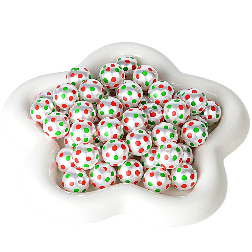 100Pcs Holiday Party Printed Beads Color Red and Green Polka Dots Through Hole Beads DIY Handmade Bead Pen Mobile Phone Chain Accessories