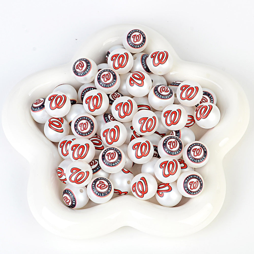 100Pcs 16mm frosted printing MLB baseball league round beads loose beads DIY bead pen car hanging baseball team accessories