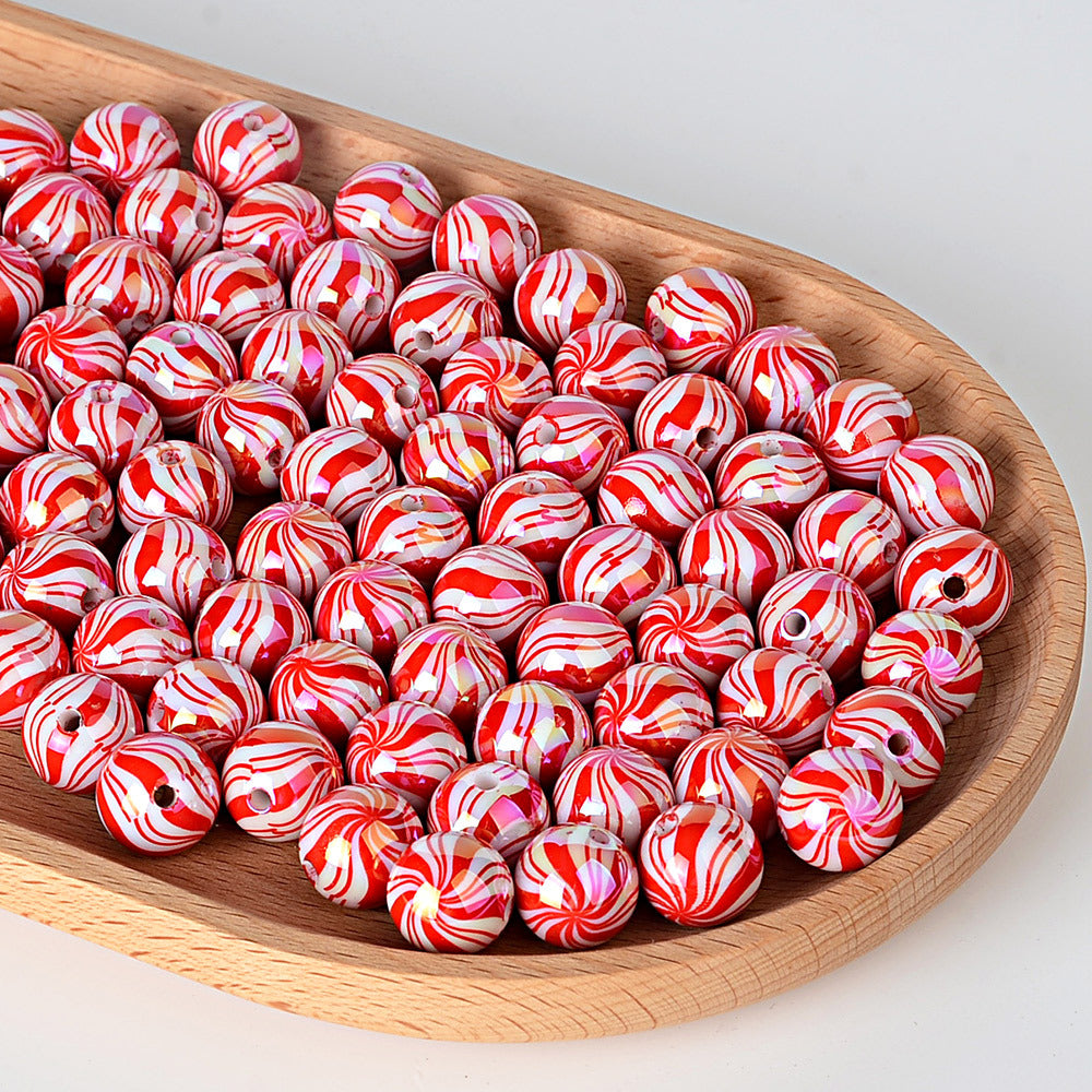 100Pcs 16mm straight hole Christmas color plated striped beads printed round beads beaded loose beads DI bracelet jewelry material in stock