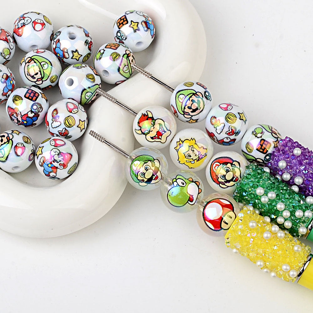 100Pcs 16mm acrylic cartoon Super Mario straight hole round beads DIY mobile phone rope keychain bead pen accessories