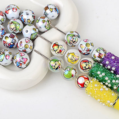 100Pcs 16mm acrylic cartoon Super Mario straight hole round beads DIY mobile phone rope keychain bead pen accessories