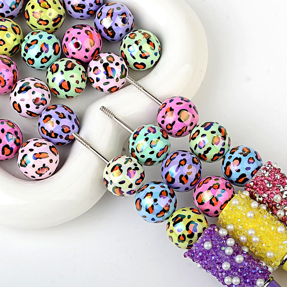 100Pcs acrylic two-color printing leopard print straight hole round bead DIY bead pen mobile phone chain keychain jewelry accessories wholesale