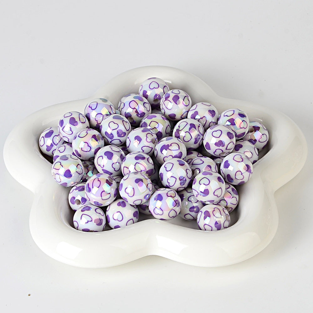 100Pcs acrylic plated color printing double love straight hole beads DIY jewelry mobile phone chain bead pen keychain bag chain accessories