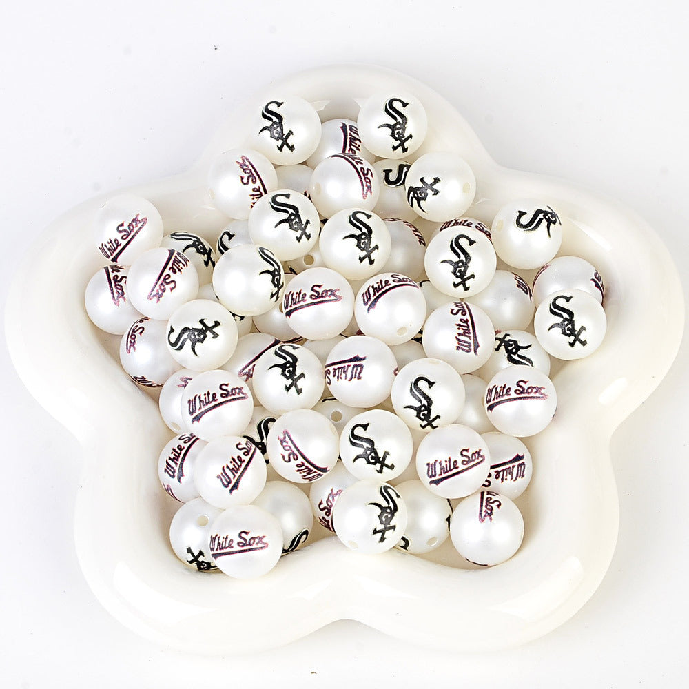 100Pcs 16mm frosted printing MLB baseball league round beads loose beads DIY bead pen car hanging baseball team accessories