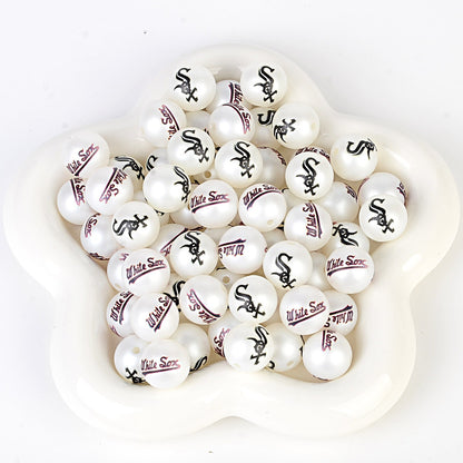 100Pcs 16mm frosted printing MLB baseball league round beads loose beads DIY bead pen car hanging baseball team accessories