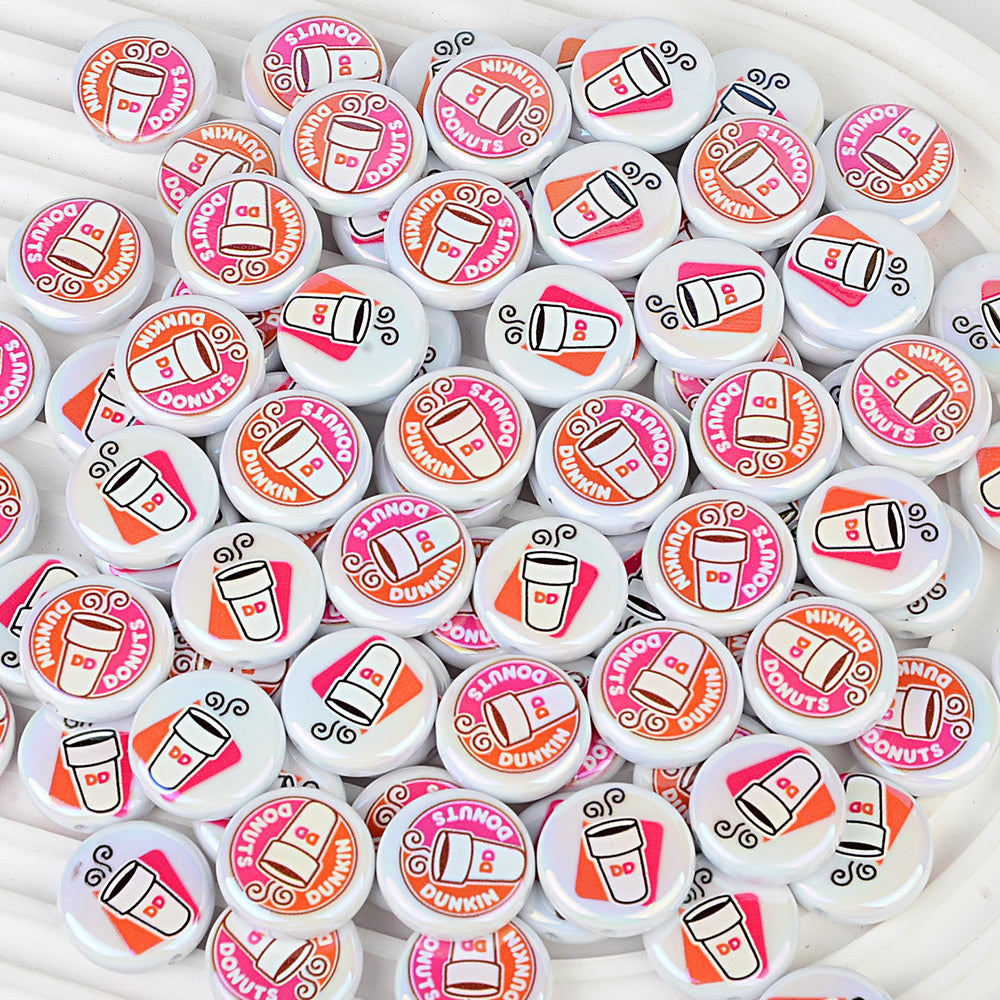 100Pcs 24mm round cake bead printing coffee cup acrylic through-hole beads DIY handmade beaded keychain accessories wholesale