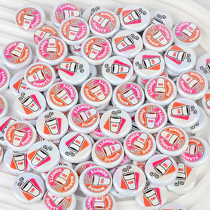 100Pcs 24mm round cake bead printing coffee cup acrylic through-hole beads DIY handmade beaded keychain accessories wholesale