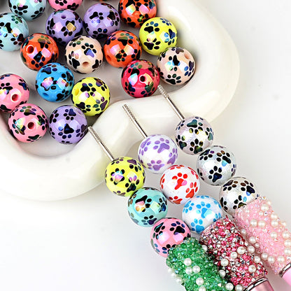 100Pcs acrylic solid color printing cat claw pattern 16 vertical hole round beads DIY Douyin live broadcast mobile phone rope keychain accessories