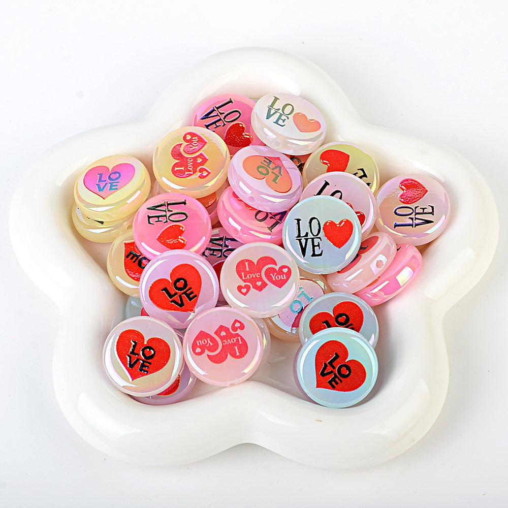 100Pcs acrylic plated Valentine's Day love love printing straight hole round cake beads DIY bead pen jewelry accessories material