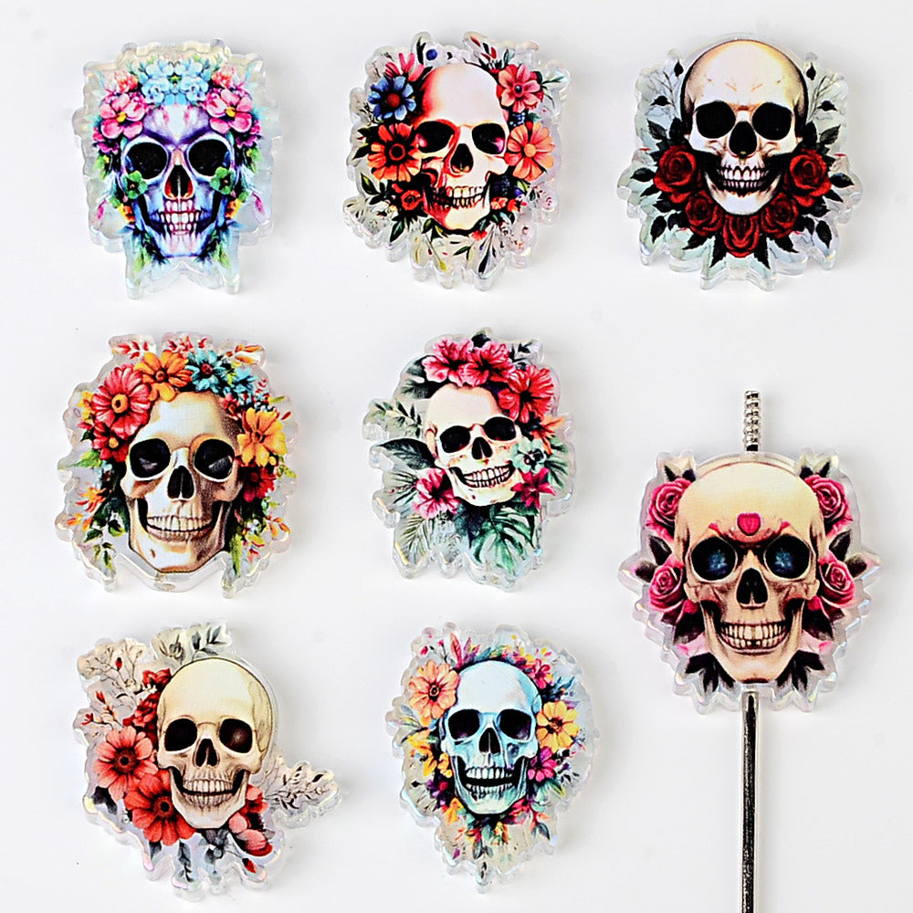 100Pcs Halloween printed acrylic dark flower skull piece beads DIY bead pen mobile phone chain keychain with