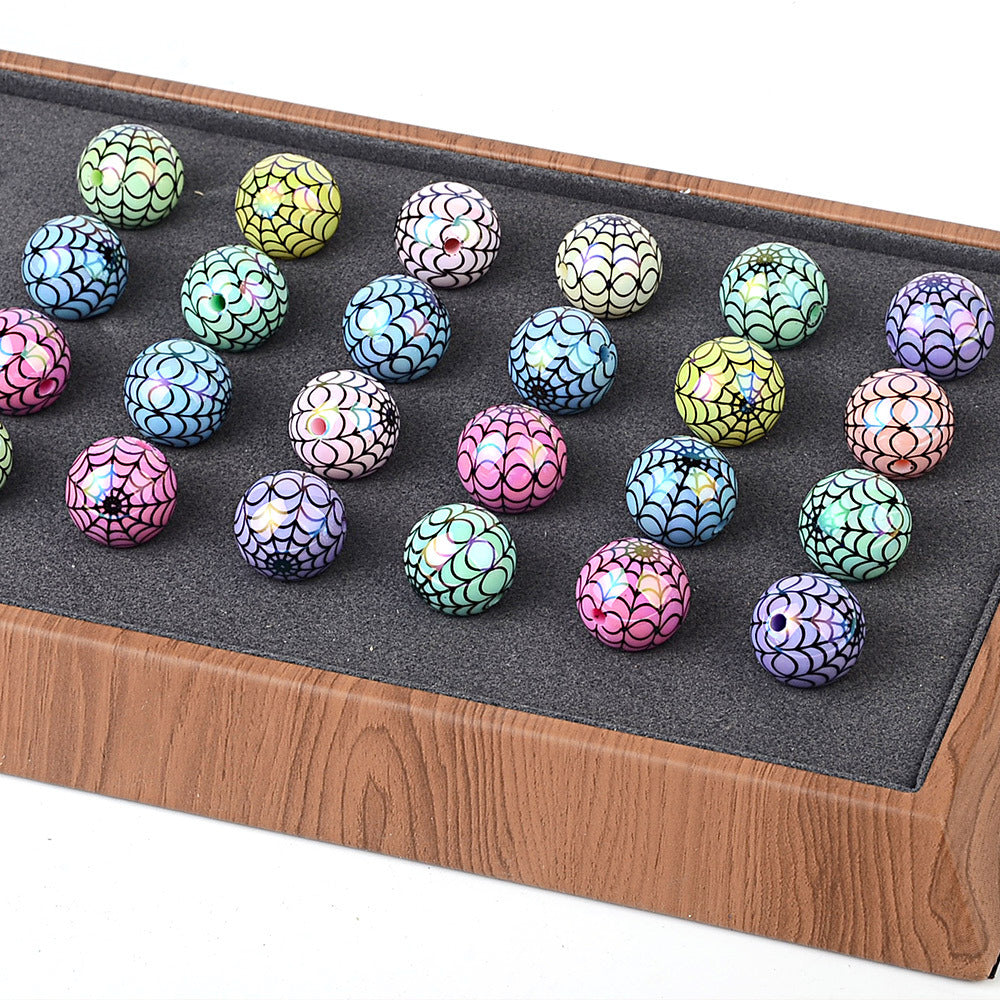 100Pcs 16mm acrylic plated color Halloween printing spider web straight hole round bead live broadcast DIY handmade beaded jewelry accessories