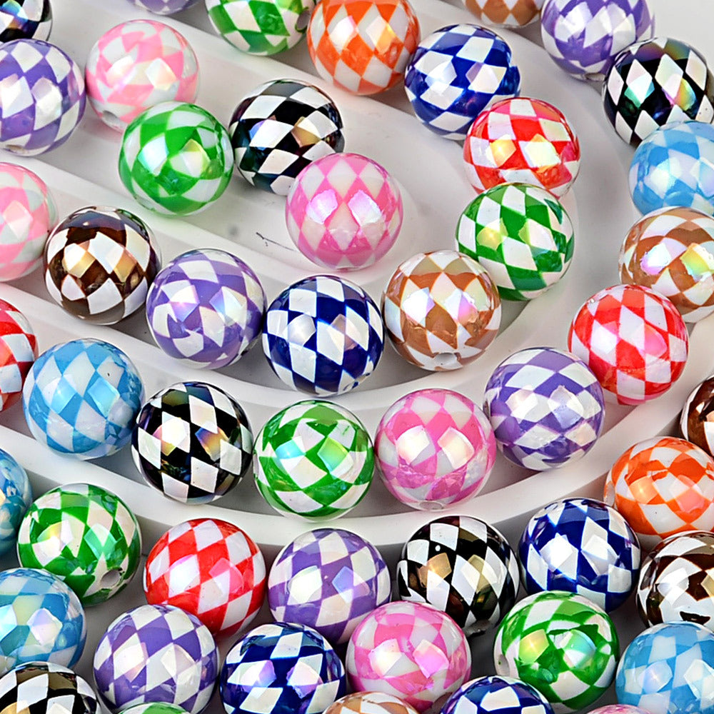100Pcs 16mm UV rhombus grid through hole round beads DIY handmade beaded loose bead string pen mobile phone chain jewelry accessories spot