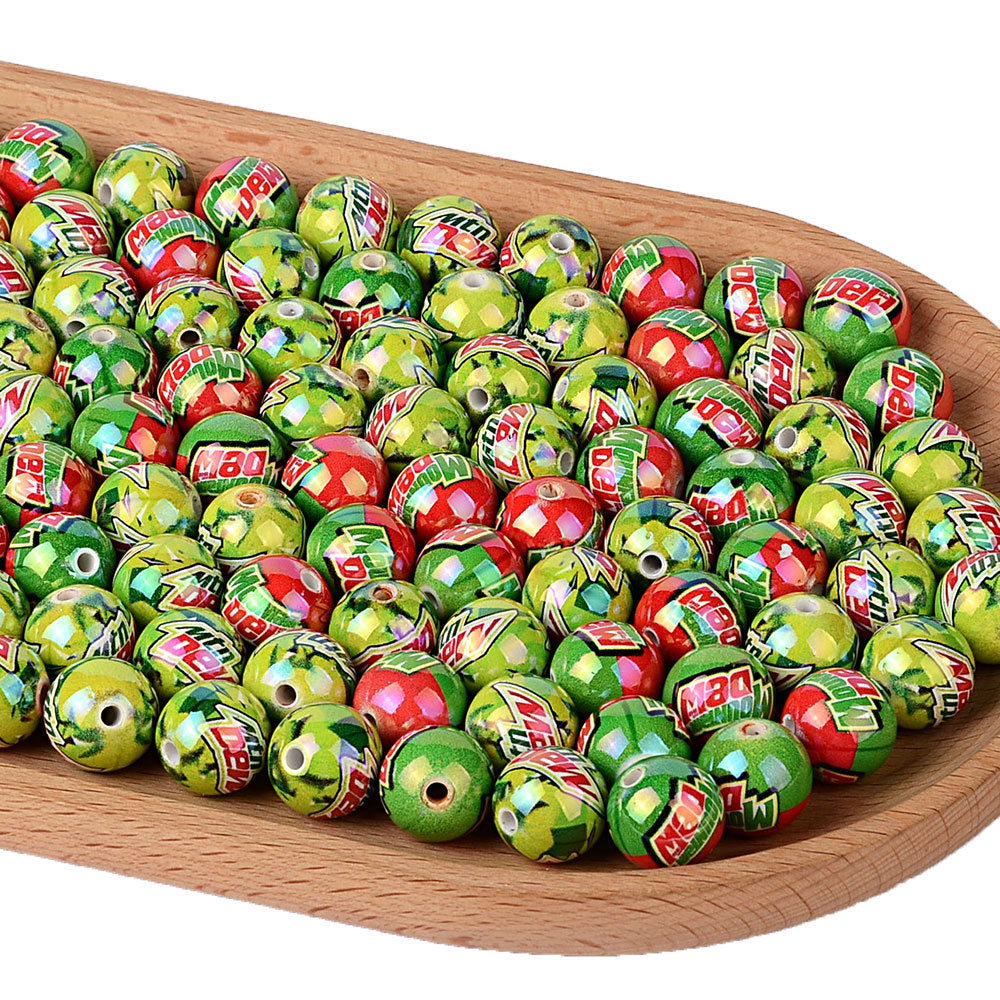 100Pcs American soda Mtn Dew printed acrylic round beads, straight hole loose beads DIY handmade jewelry accessories wholesale