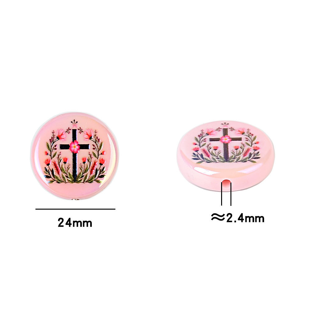 100Pcs new acrylic wreath solid color printing round bead cross straight hole bead loose bead DIY bracelet jewelry accessories