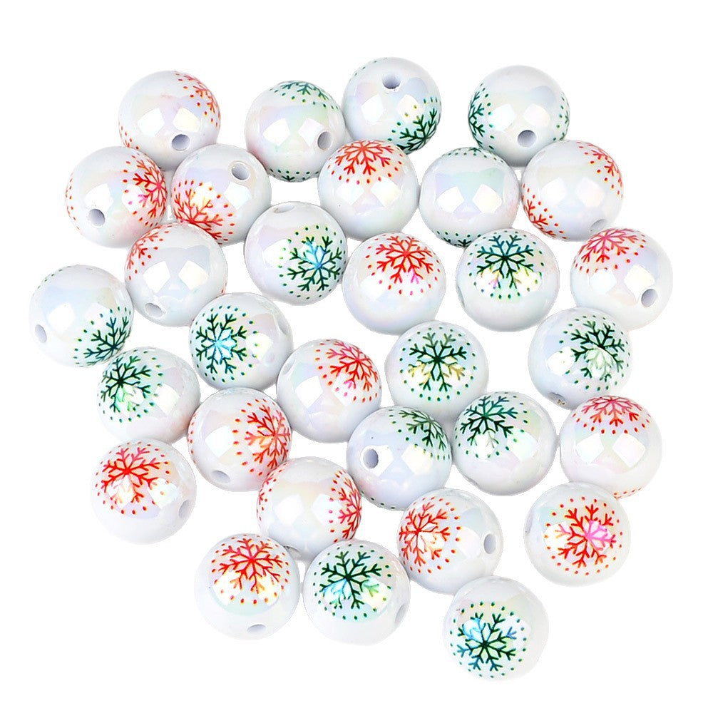 100Pcs 16mm acrylic white bead print red and green mixed color snowflake through hole beaded DIY handmade material jewelry accessories wholesale