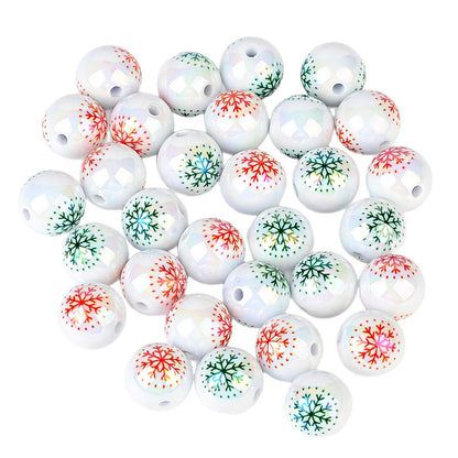 100Pcs 16mm acrylic white bead print red and green mixed color snowflake through hole beaded DIY handmade material jewelry accessories wholesale