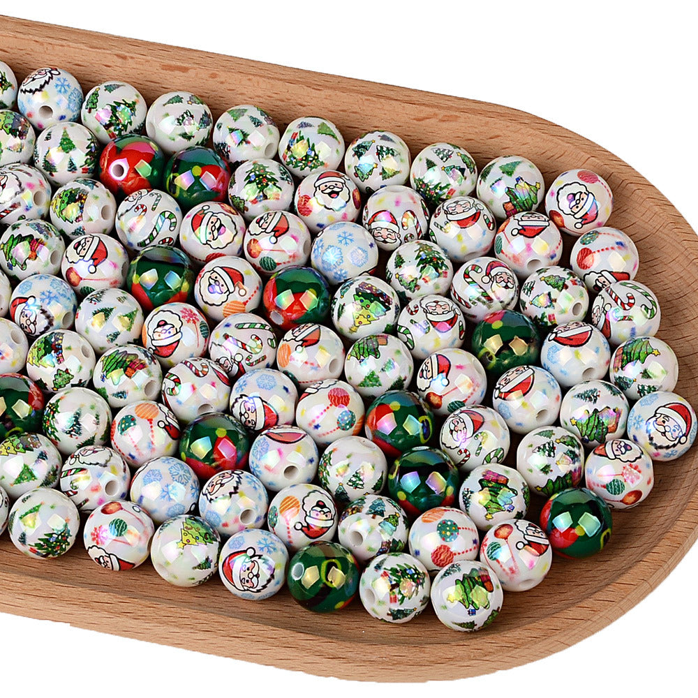 100Pcs Christmas elements UV plated Santa Claus Christmas tree straight hole round beads beaded DIY mobile phone chain pen accessories