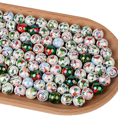 100Pcs Christmas elements UV plated Santa Claus Christmas tree straight hole round beads beaded DIY mobile phone chain pen accessories