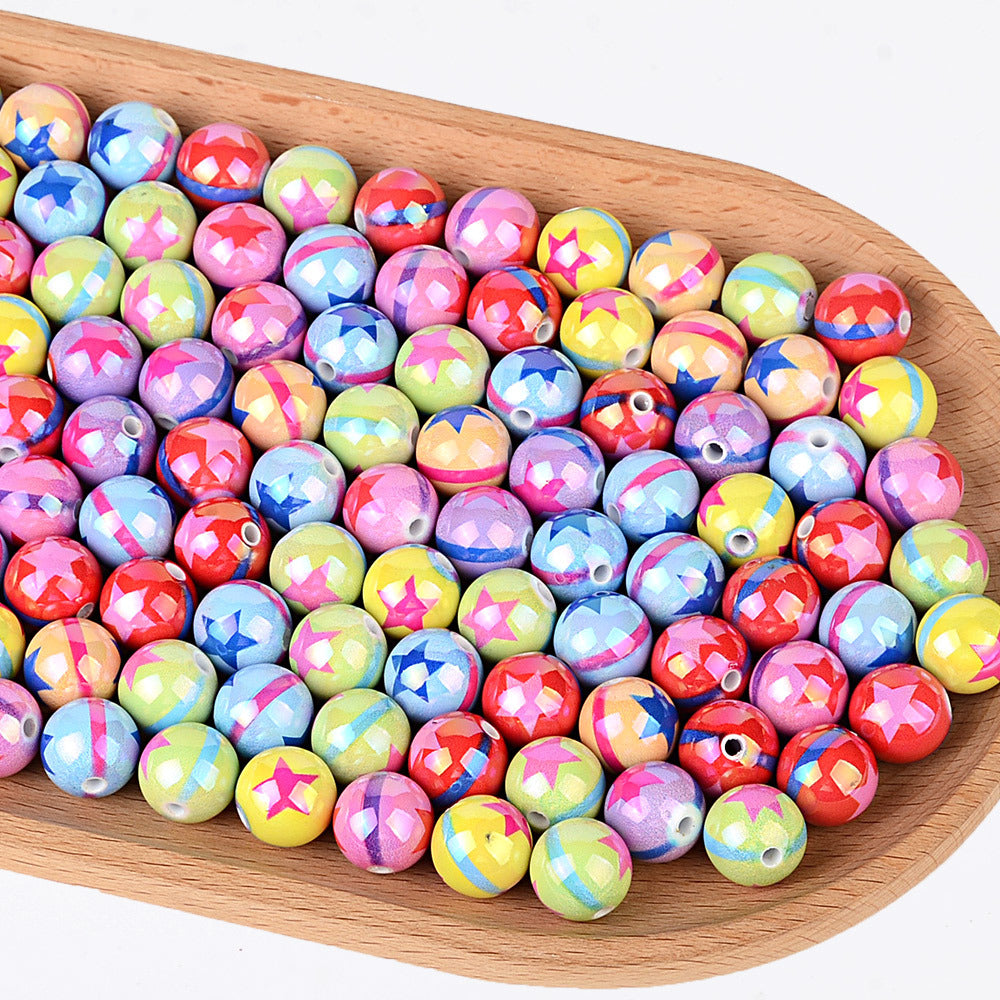 100Pcs UV plated color printing rainbow five-pointed star beaded DIY mobile phone chain beaded pen keychain various jewelry accessories
