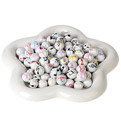100Pcs acrylic solid color plated uv printing music note straight hole round beads DIY mobile phone keychain bead pen material wholesale