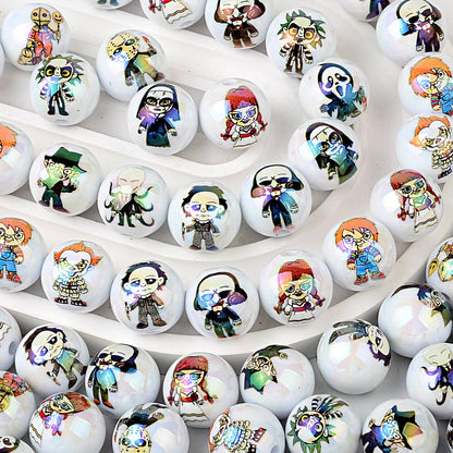 100Pcs Halloween dark cartoon character printed acrylic round beads flat piece mixed DIY handmade accessories wholesale