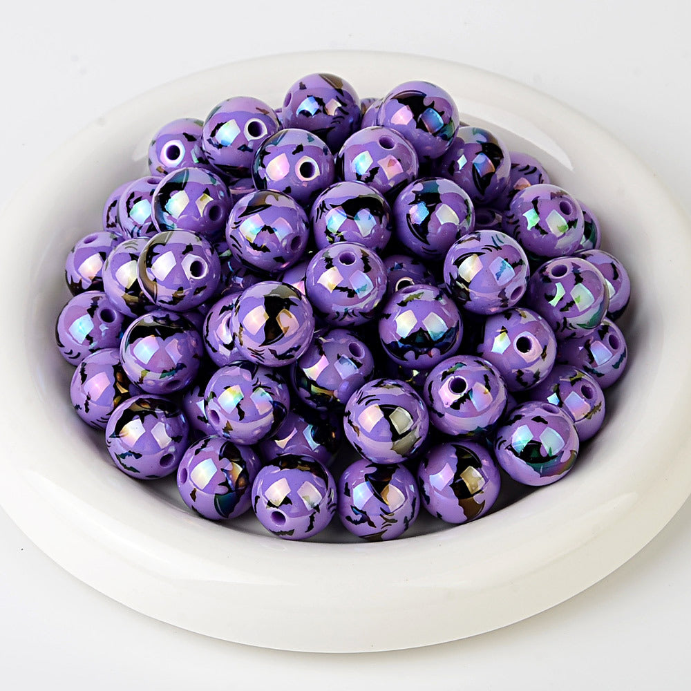 100Pcs acrylic UV plated colorful multi-color Halloween printing bat round beads DIY handmade string pen mobile phone chain accessories