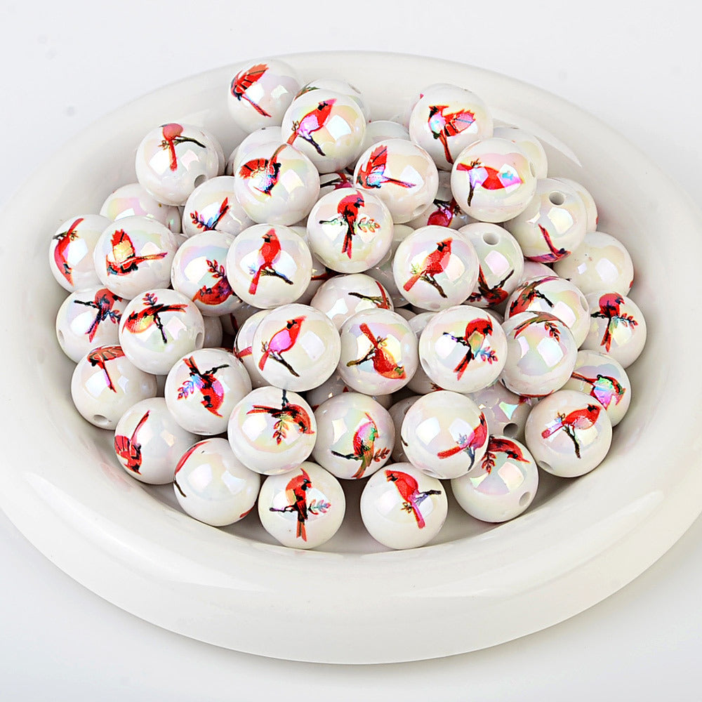 100Pcs UV printed magpie bird acrylic hummingbird pattern beads DIY handmade bracelet necklace beaded material wholesale