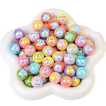 100Pcs Plated Color Printing Love Rainbow Bear Cartoon Round Cake Beaded DIY Pen Mobile Phone Chain Keychain Accessories