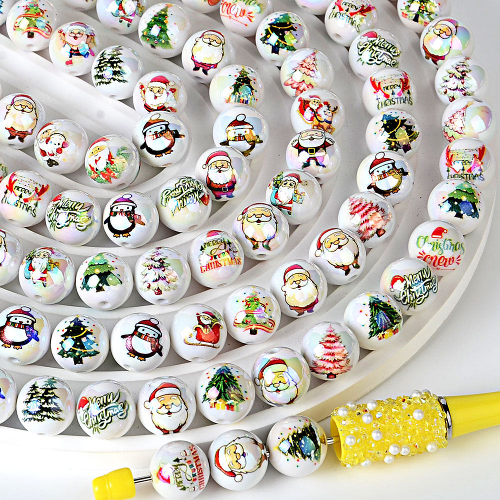 100Pcs 16mm solid color Christmas beads printed Santa Claus Christmas tree beaded DIY mobile phone chain bag chain accessories