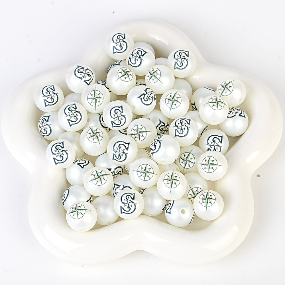 100Pcs 16mm frosted printing MLB baseball league round beads loose beads DIY bead pen car hanging baseball team accessories