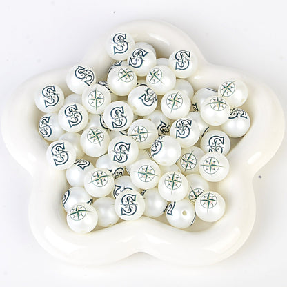 100Pcs 16mm frosted printing MLB baseball league round beads loose beads DIY bead pen car hanging baseball team accessories