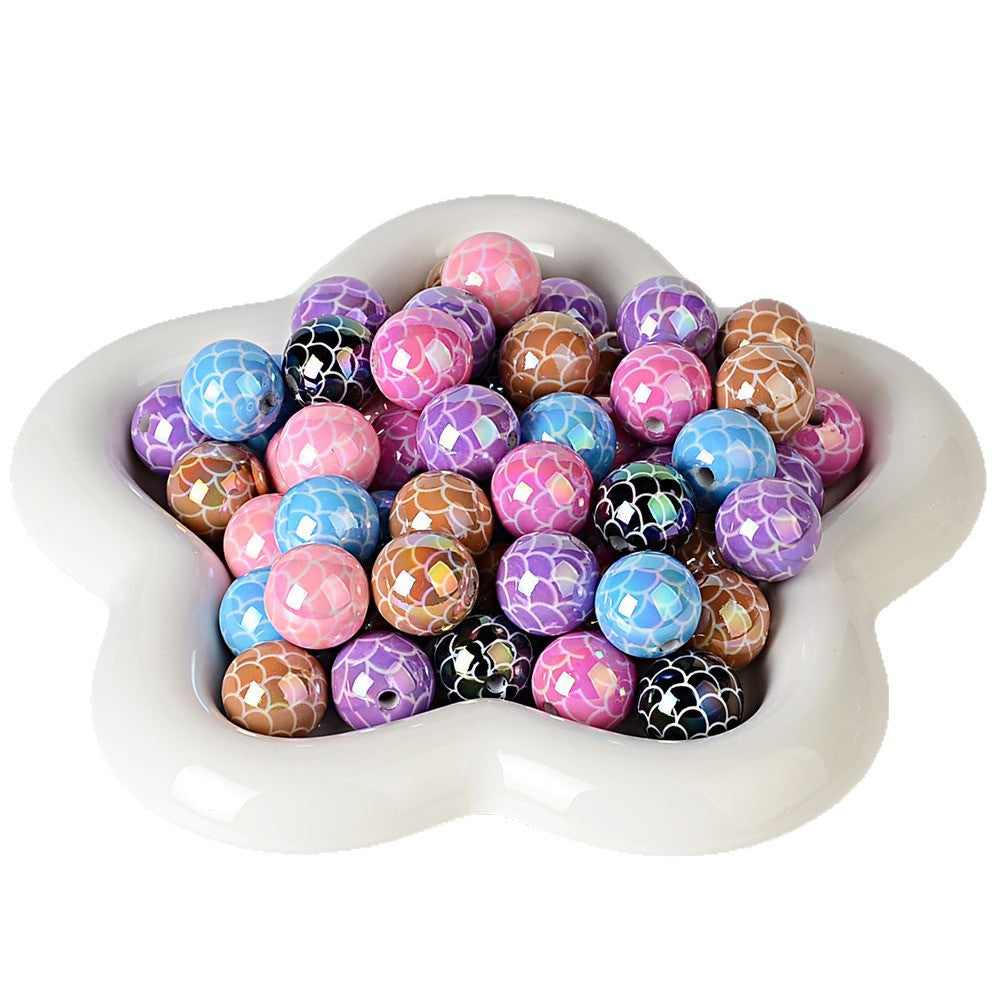 100Pcs acrylic UV plated colored fish scale pattern straight hole round bead DIY mobile phone chain keychain bead pen accessories material