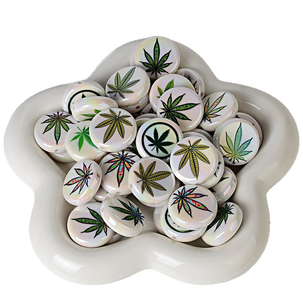 100Pcs acrylic printed hemp leaf round cake beads DIY bead pen mobile phone chain keychain car hanging accessories