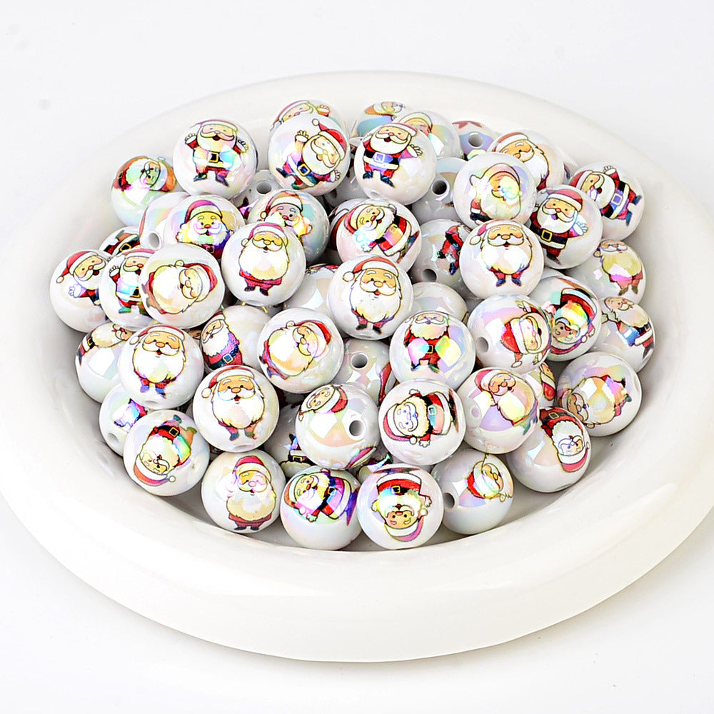 100Pcs Christmas elements printed round beads Santa Claus Christmas tree gingerbread man various acrylic beaded ornaments wholesale