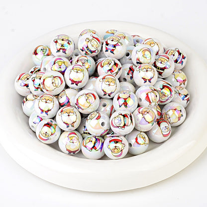 100Pcs Christmas elements printed round beads Santa Claus Christmas tree gingerbread man various acrylic beaded ornaments wholesale