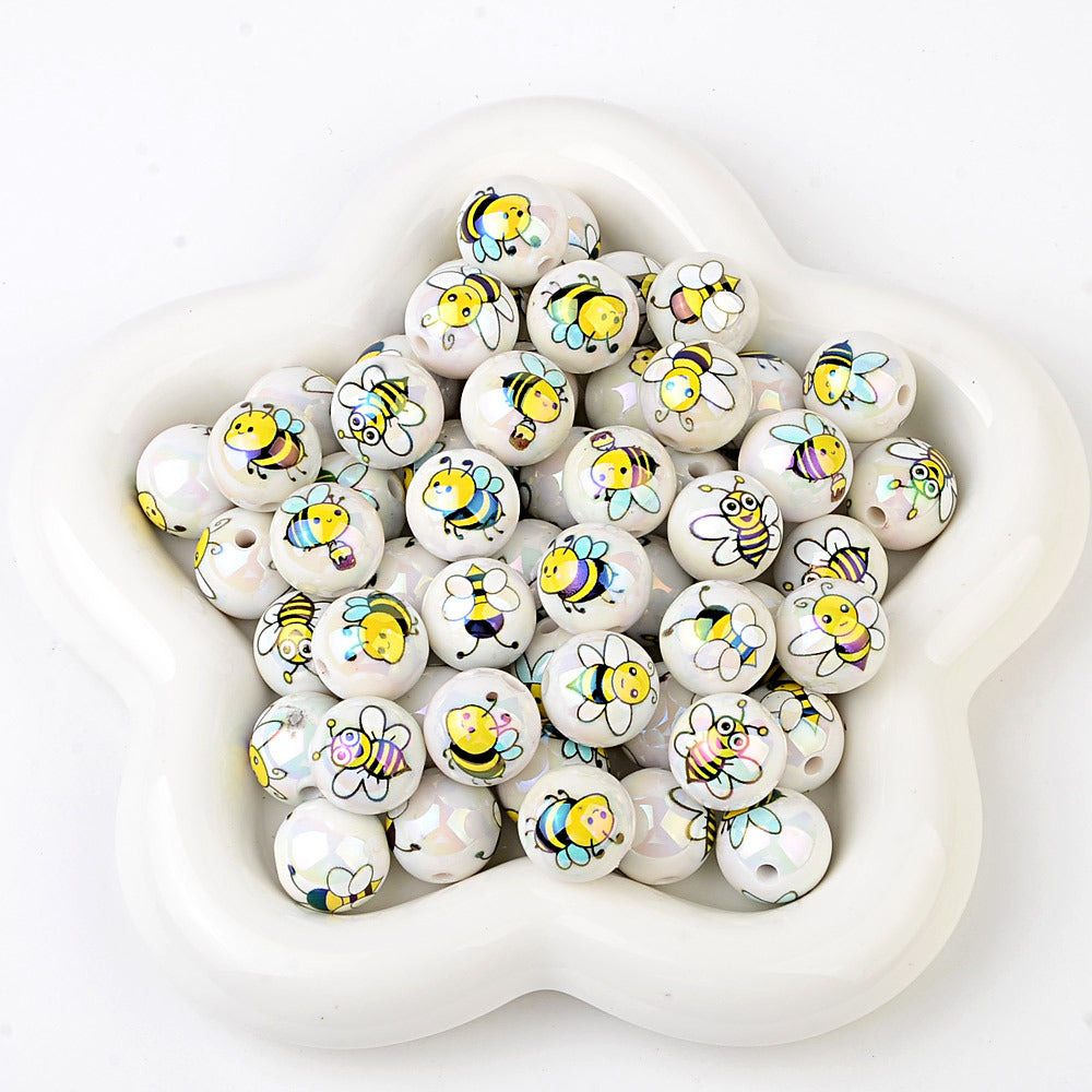 100Pcs acrylic plated cute little bee through hole round beads DIY handmade beaded necklace earrings bracelet accessories loose beads