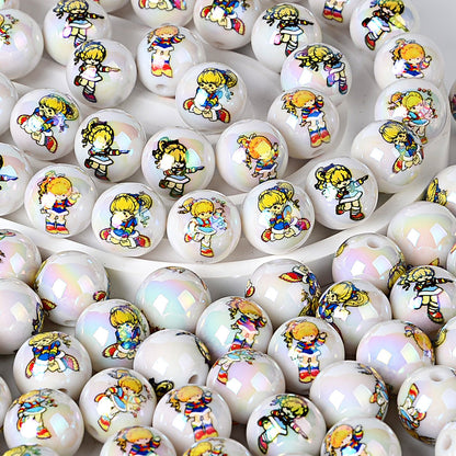 100PCS16mm acrylic plated uv printing cartoon rainbow fairy straight hole round bead DIY mobile phone rope keychain accessories