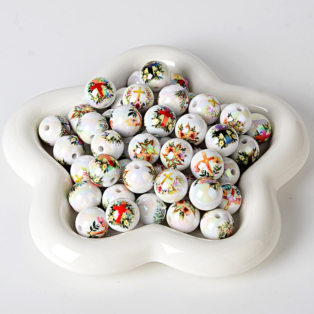 100Pcs 16mm acrylic solid color printing surrounding vine cross straight hole round bead DIY bracelet pendant jewelry accessories